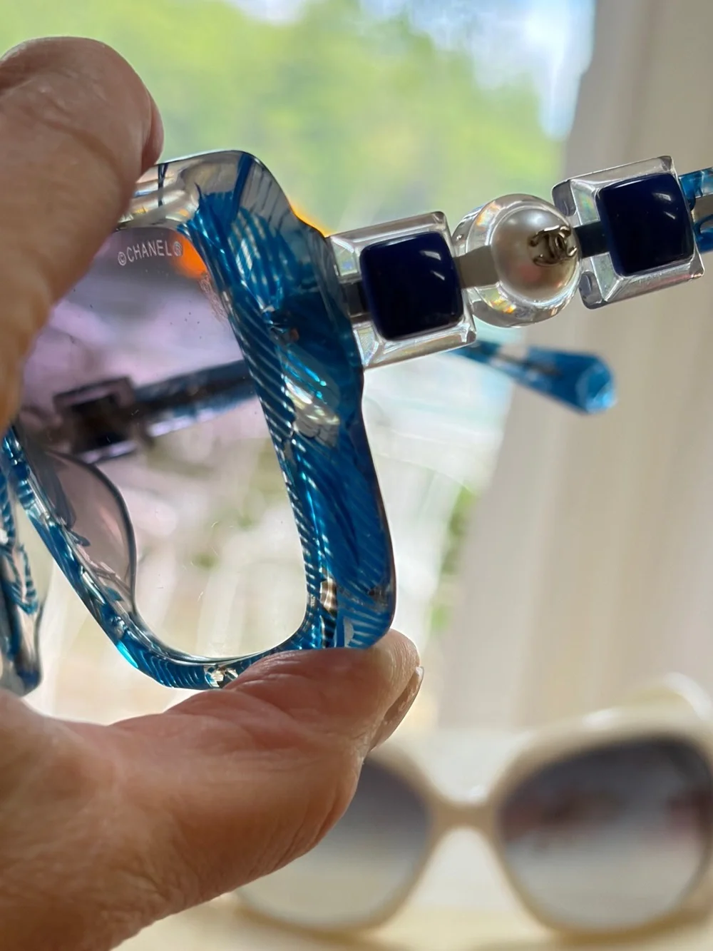 CHANEL Blue Patterned Square Sunglasses with Gradient Lenses